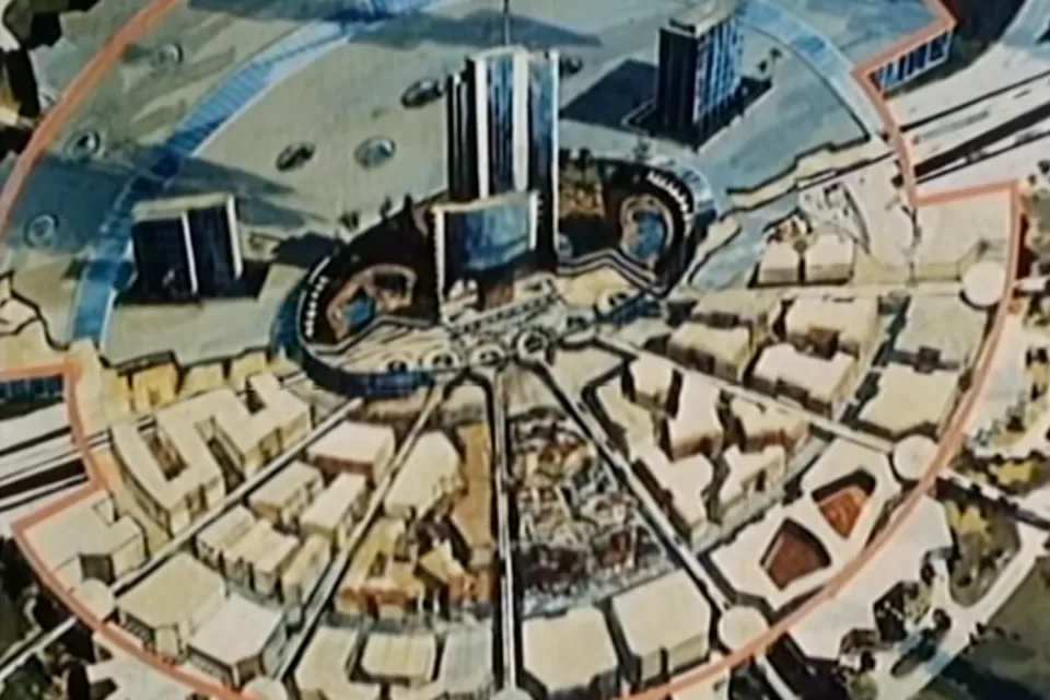 Still image of EPCOT city concept from Disney's 1966 promotional film